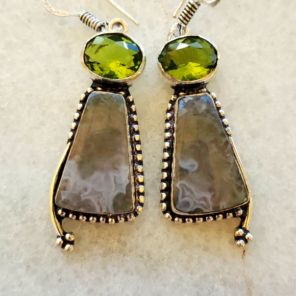New Ocean "Orca" Agate Palm & Peridot 925 Silver Dangle Earrings. - Picture 7 of 9